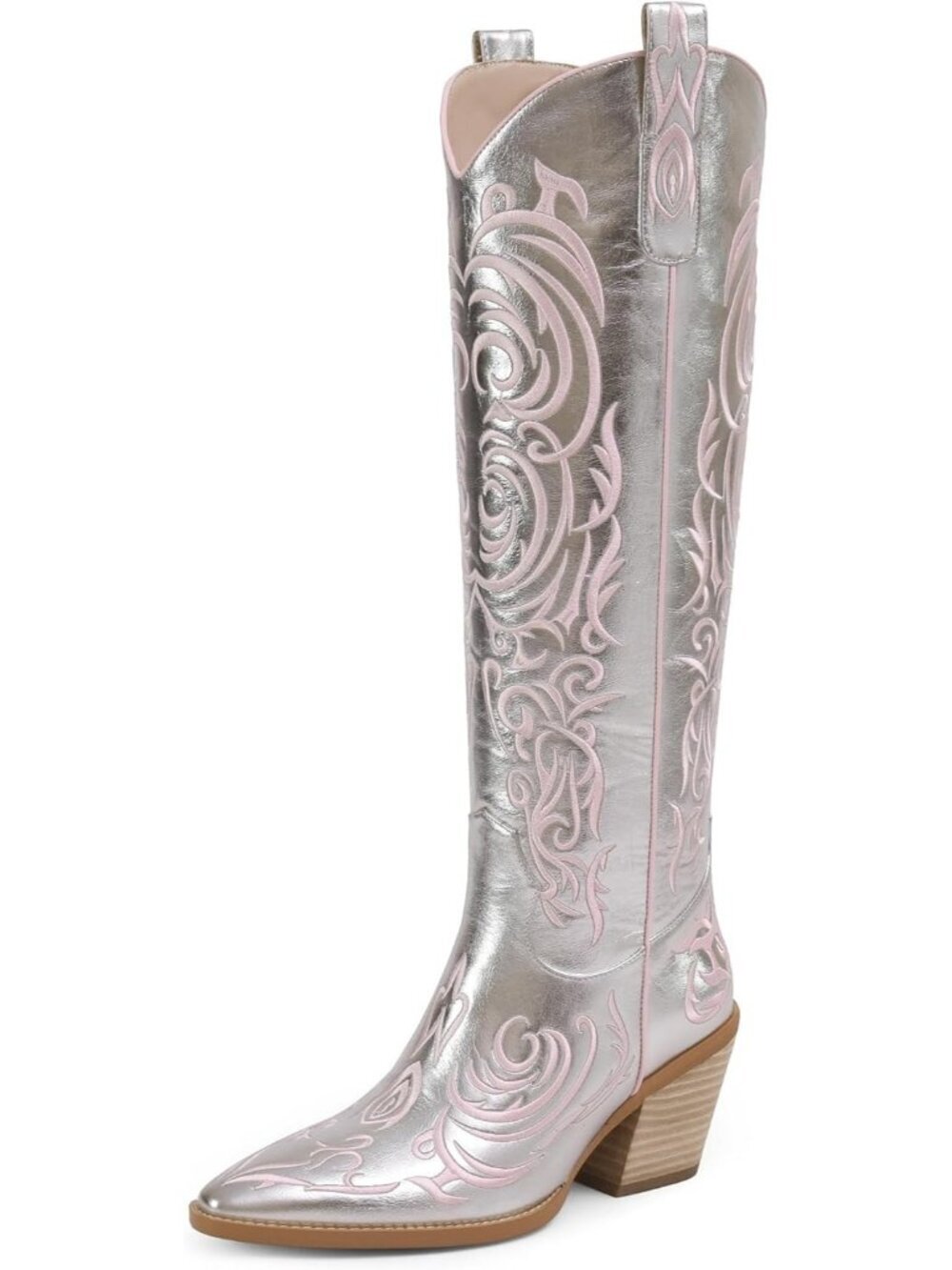 Women's Silver Rubber Cowgirl Knee High Pointed Toe Block Heel Embroiderd Boots